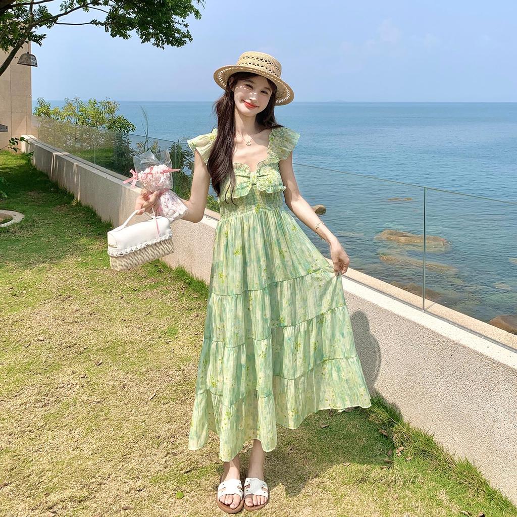 Women Green Floral Maxi Dress, Ruffle Sleeve Tiered Vacation Dress