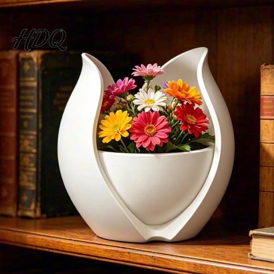Modern Home Decor Planter Tulip Flower Shape Planter 3D Printed Decorative Pot Soil Cultivation Bowl Pot Minimalist Plant Container for Office Desk