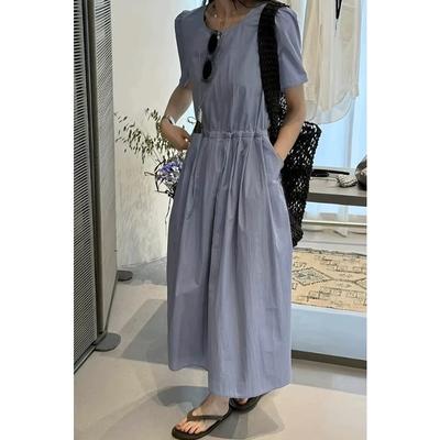 Sommer Französisches Kurzarm Rundhalskleid Damen Elegant Schlankmachend Kordelzug Langes Kleid