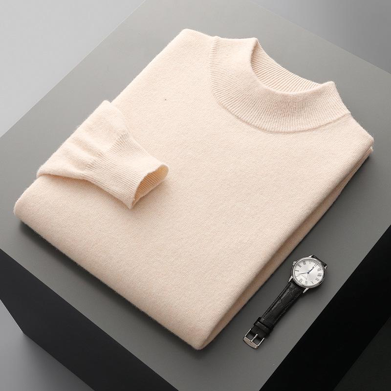 Men's Pure Wool Semi-High Neck Sweater - Autumn/Winter Collection: Slim Fit, Solid Color Pullover
