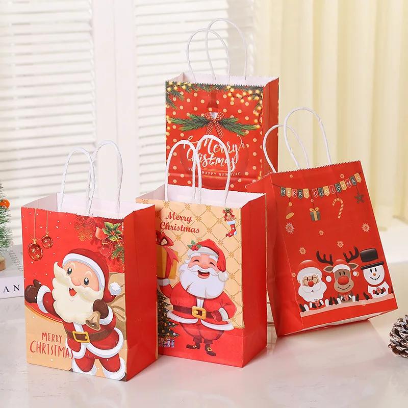 10PCS Santa Claus Snowman Kraft Paper Bags Xmas Party Decor Candy Gift Handle Pakcaging Bag New Year Eve Merry Christmas Supplie