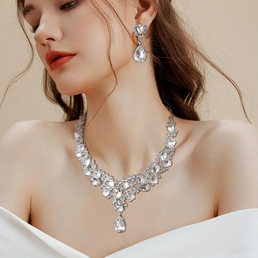 Bridal Teardrop Cluster Crystal Jewelry Set for Women Necklace Earrings Wedding Accessory