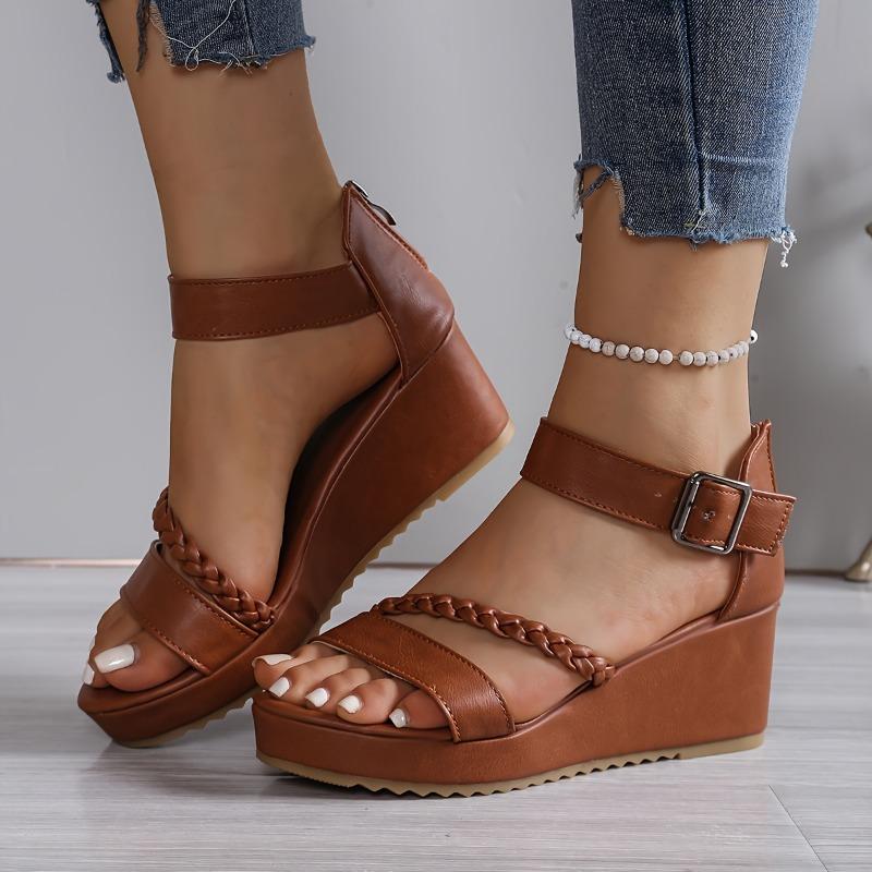 Brown PU Open-Toe Wedge Sandals for Women - Braided Ankle Strap, Adjustable Buckle Closure, Thick Rubber Sole for Summer Comfort