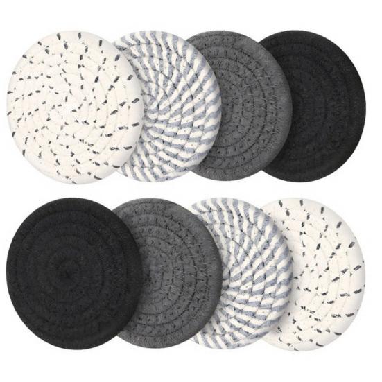 Boho Cotton Coaster Set with Holder Absorbent Heat-Resistant Placemats for Kitchen Dining Non-Slip Reusable Rustic Home Decor for Cups Mugs