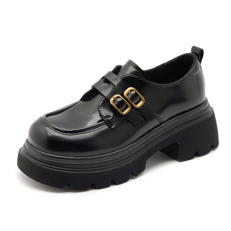 Small leather shoes women's 2025 autumn new round head platform single shoes women's black college style versatile loafers dress shoes