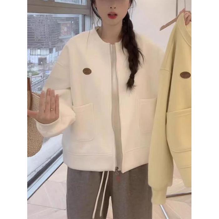 Elegant Korean Style Casual Zipper Cardigan: Spring Long Sleeve Round Neck Top 3XL белый