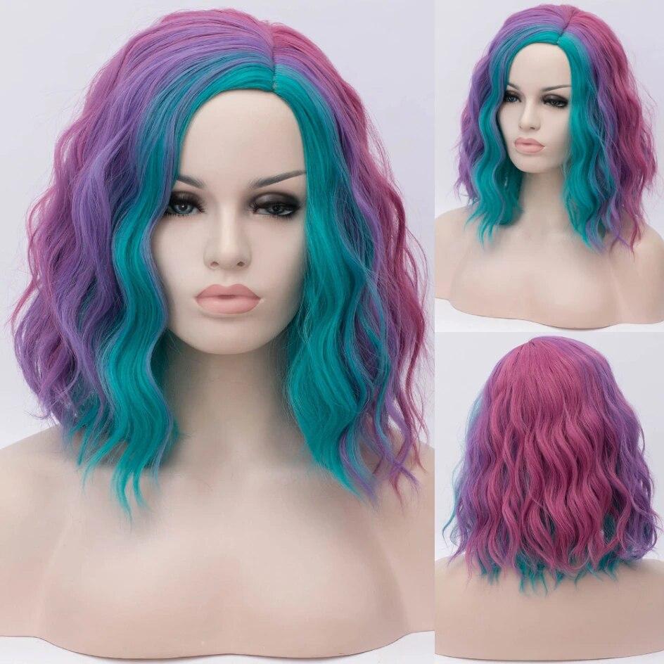 Frau zweifarbig kurze synthetische Perücken Farbverlauf weiß blau gewellt Ombre Haar Perücke für weiße Frauen Cosplay Bob Mittelteil Linie