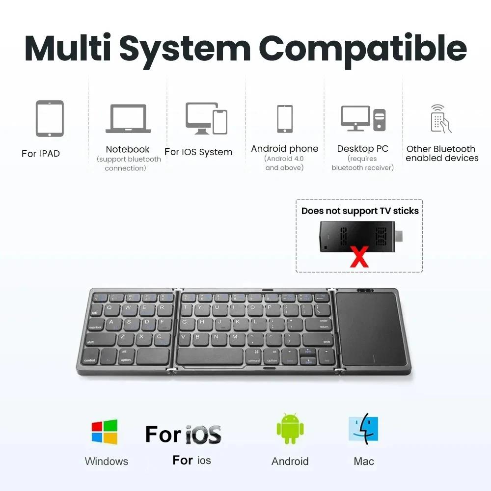 Tri-fold Keyboard with Touchpad Three Bluetooth Keyboard Portable Mini Keyboard Rechargeable Keyboard for PC Windows Android IOS