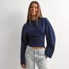 Y25TP201 European and American Women's Solid Color Round Neck, Wide Sleeve, Cinched Waist Sexy Long Sleeve Top