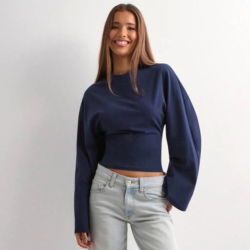 Y25TP201 European and American Women's Solid Color Round Neck, Wide Sleeve, Cinched Waist Sexy Long Sleeve Top