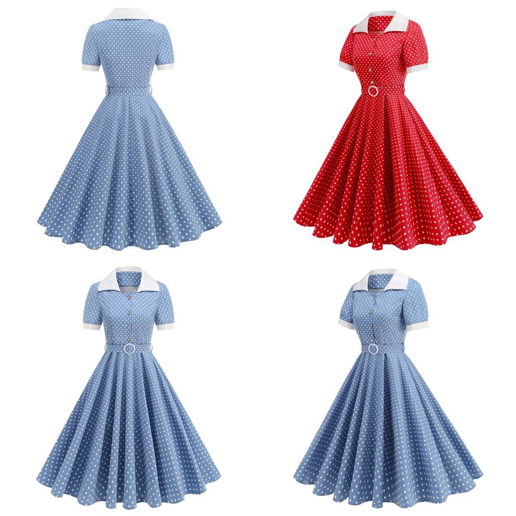 Rochie de Bumbac cu Buline și Guler Colorblock, Stilată, pentru Evenimente Casual și Formale