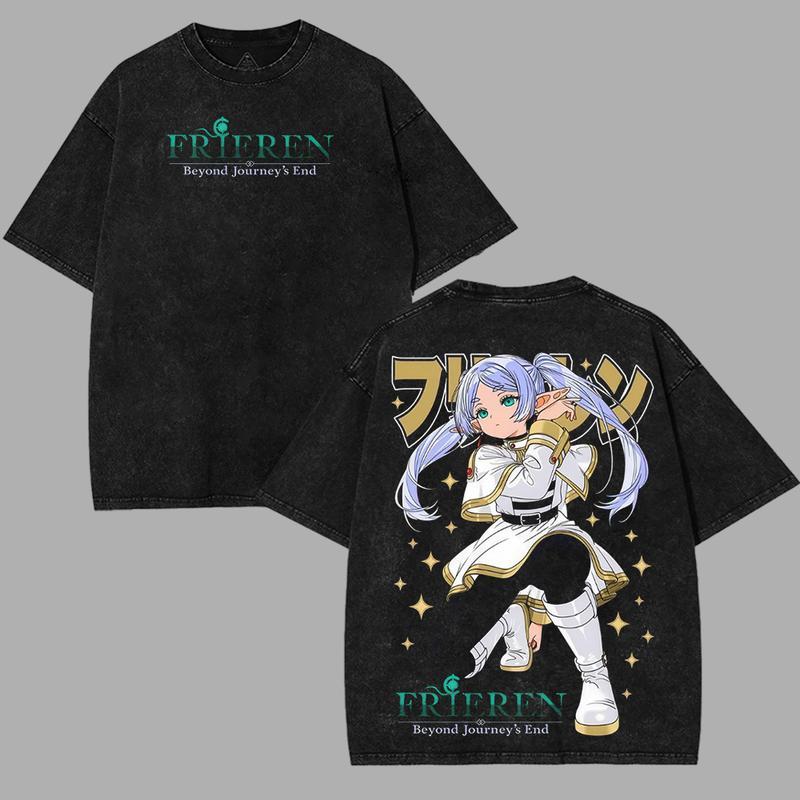 Frieren T-shirt For Men‘s Clothing Manga Vintage Washed Oversized T Shirrt Tees Tops