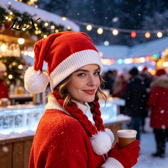 Warm Cuffed Cap for Women Christmas Elf Hat, Cozy Winter Knit Hat with Pom Pom, Stretchy Skull Outdoor Cold Weather Soft Polyester