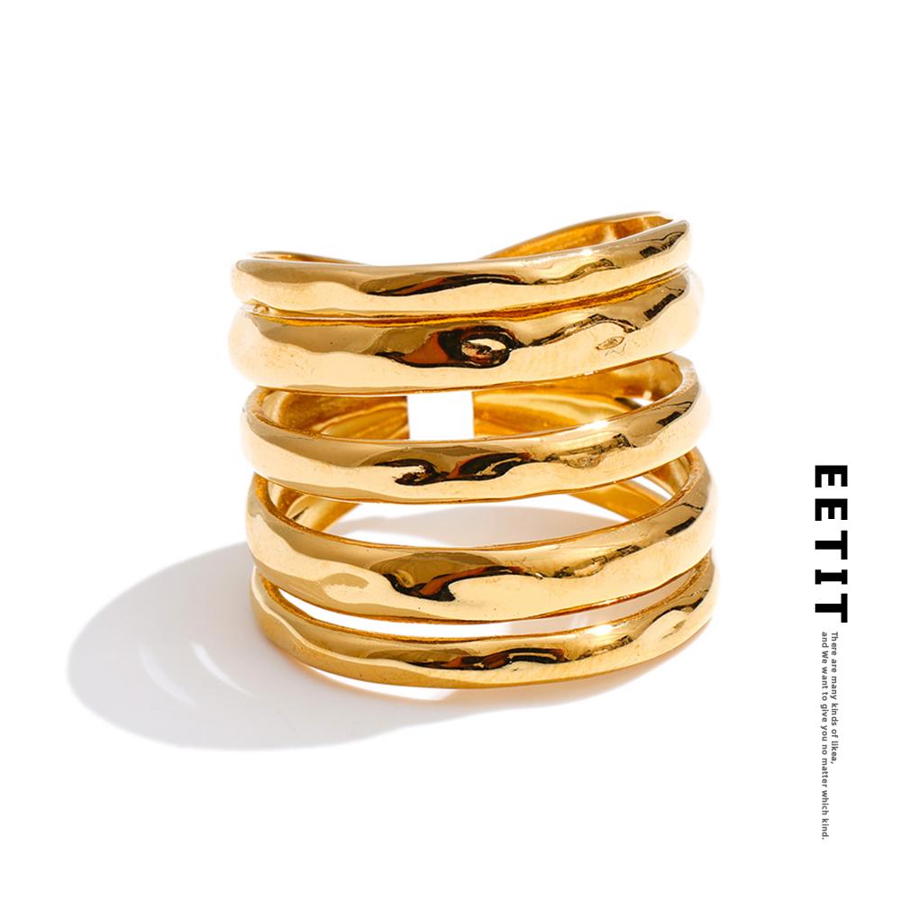 Eetit Size 7.5 Stainless Steel Layered Wide Open Ring 18K Gold Color PVD Plated Geometric Charm Finger Fashion Jewelry Wholesale