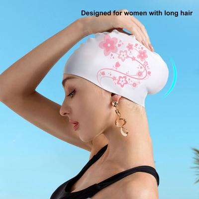 Women Swimming Hat Elastic Silicon Waterproof Ear Protection Swim Pool Hat Floral Print