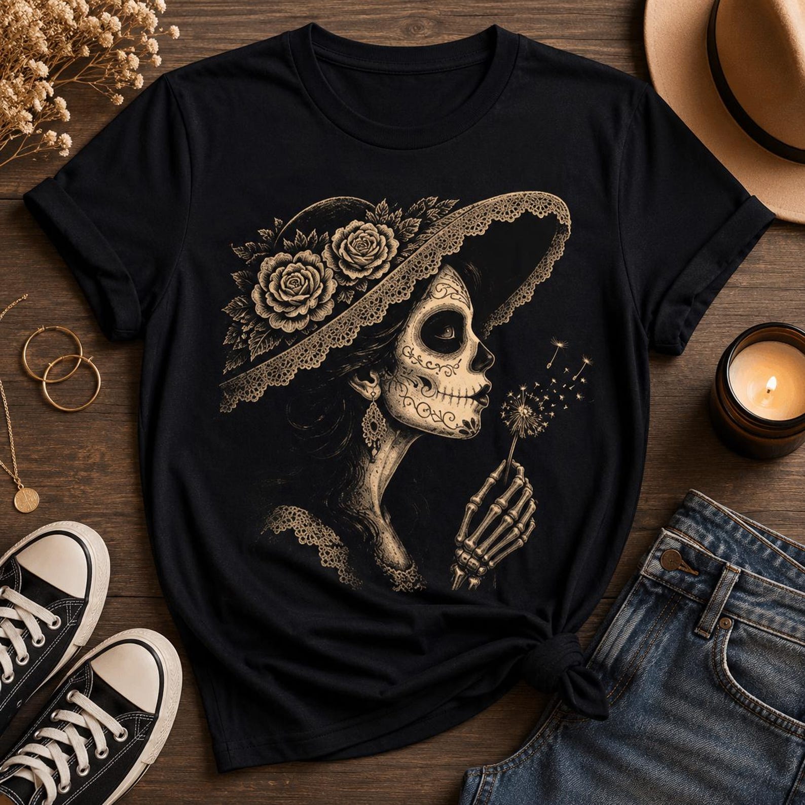 Dia De Los Muertos La Catrina Dandelion Shirt, Gothic Floral Graphic Tee M
