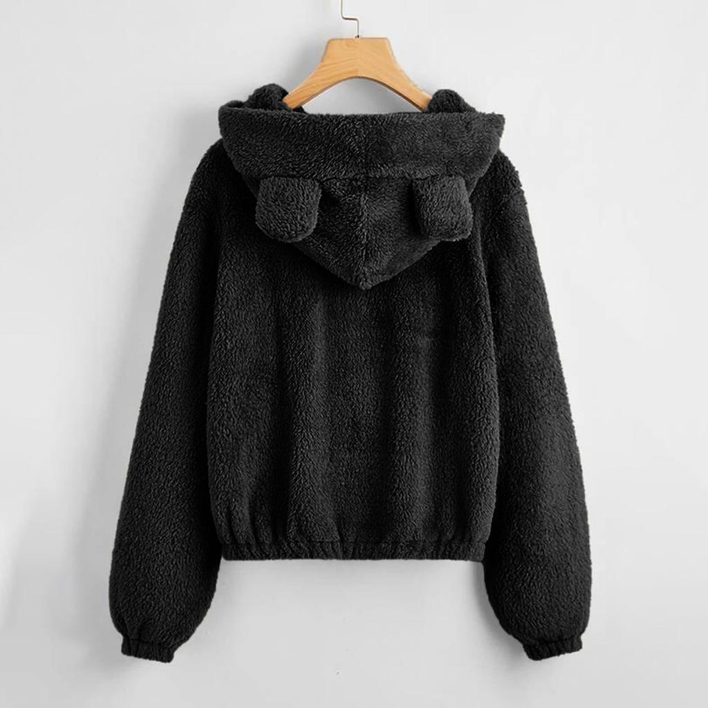 Women's Fashion Solid Color Casual Loose Hooded Fleece Cardigan Jacket
