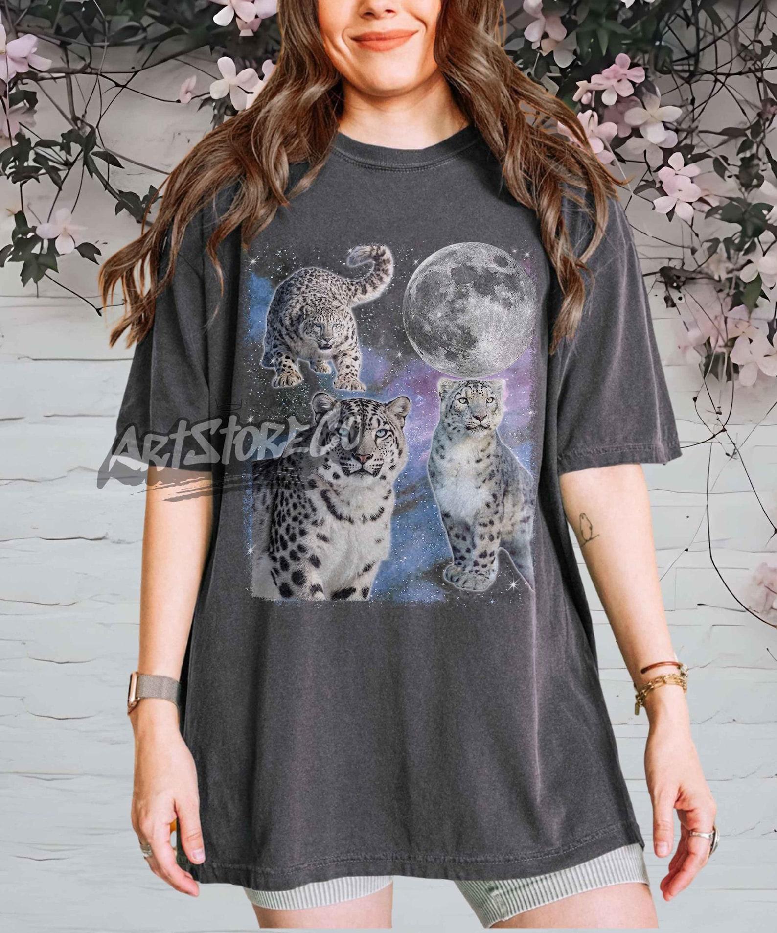 Three Snow Leopard Retro Graphic T-shirts, Vintage Snow Leopard Moon Tshirt, Big Cat Lovers Tee, Funny Snow Leopard Shirt, Oversized Tee S