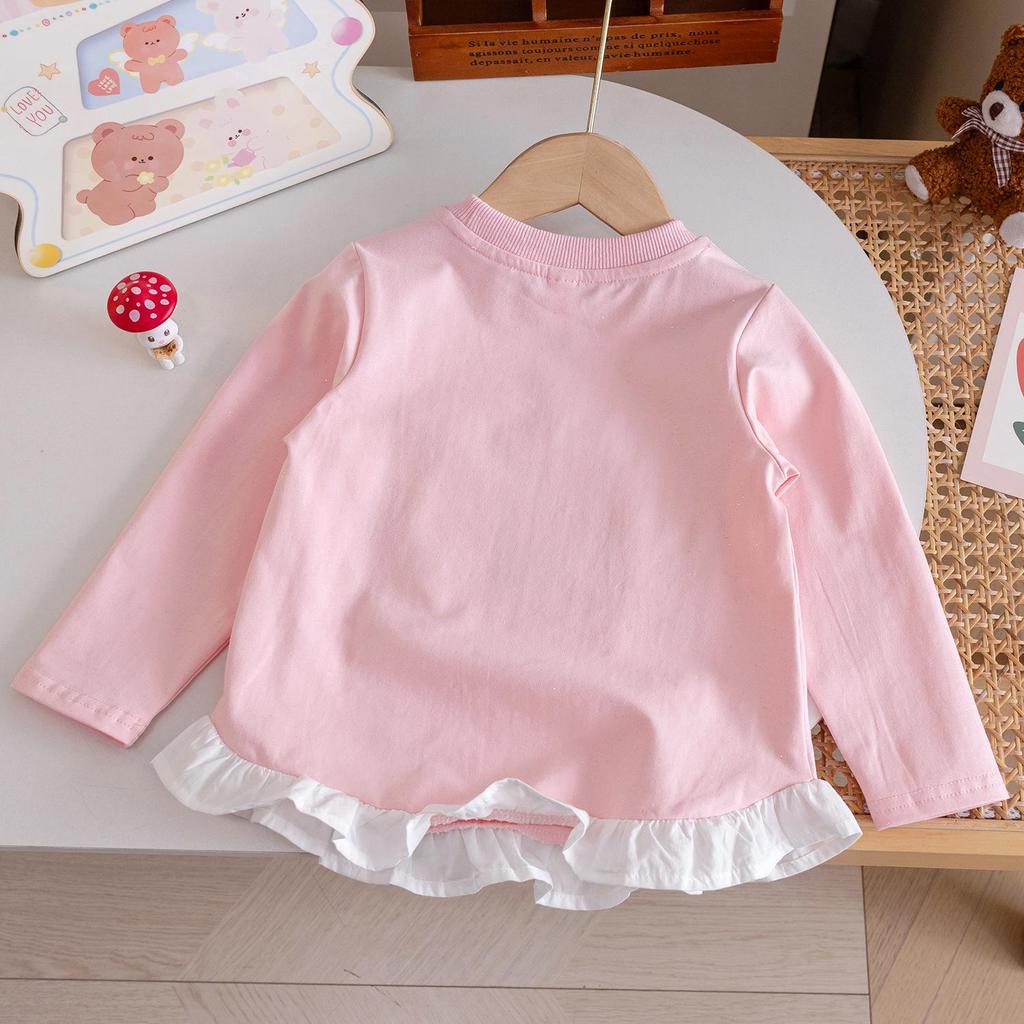 Rochie T-shirt cu mânecă lungă pentru fete, 2025, cu desen animat dulce și tivul fustei îmbinat