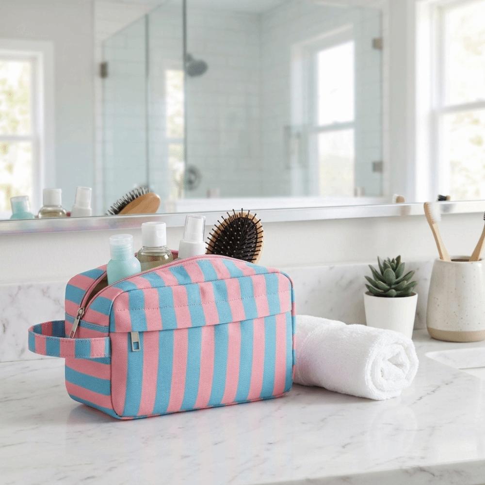Zipper Striped Makeup Bag Lightweight Cosmetic Pouch Ideal Gift Storage Bag  Business Trip