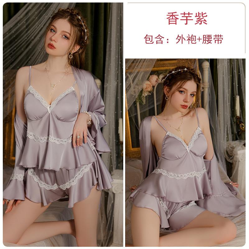 Women's Solid Satin Lace V Neck Padded Cami Shorts with Robe Lounge Set