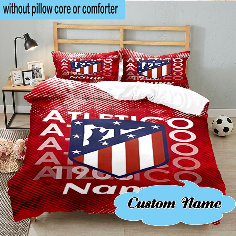 3PCS Custom Name Atletico Madrid Crest Bedding Set, Including 1pc Duvet Cover And 2pcs Pillowcases, Suitable for dorms and bedrooms Gift