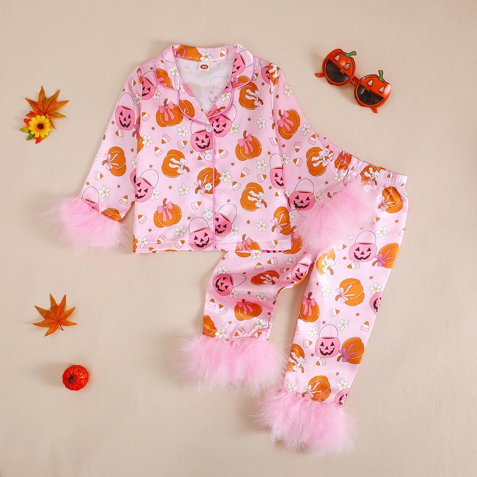 

Girls Halloween Pumpkin Pajama Set - Lapel, Long Sleeve, Raw Edge, Long Pants 110 cm рожевий