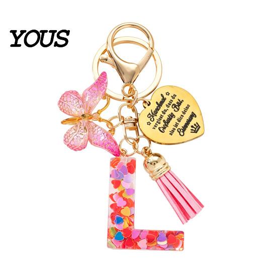 Keychain Pendant Pendant, Sequins Initial Letter Charm Key Chain with Butterfly Tassel Stainless Durable Steel Heart Design, A-Z Holder for Bag