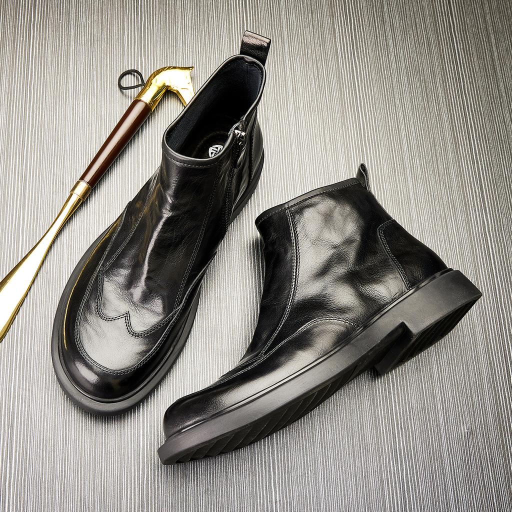 Men'S Martin Boots Spring And Autumn High Top Zipper Leather Tooling Boots Thick-Soled Round Head Tide Leather Boots Outdoor Boots Men