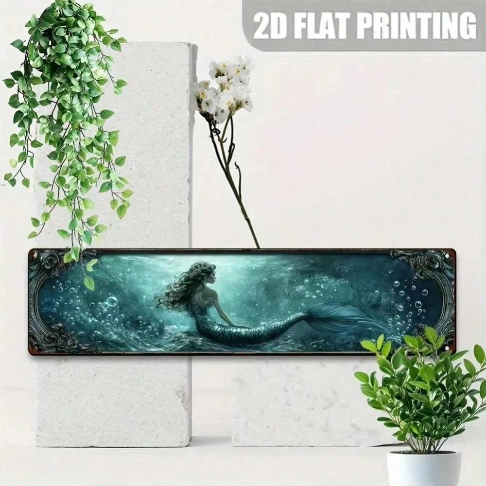 Retro Mermaid Seashell Metal Wall Sign, 3.94x15.74 Inch Flat Iron Decor, Vintage Rustic Coastal Art for Bathroom