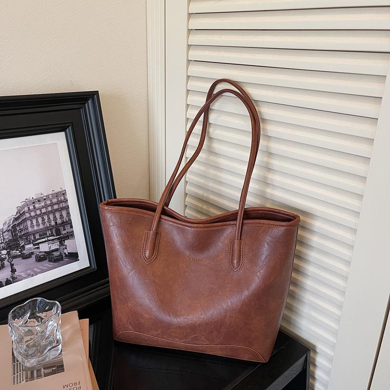 Faux Leather Tote Bag for Women Fashion Minimalist Shoulder Handbag with Wide Handles and Logo Detail