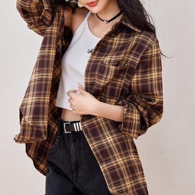 Camisa Feminina Casual Xadrez Retrô de Manga Comprida para Outono e Inverno