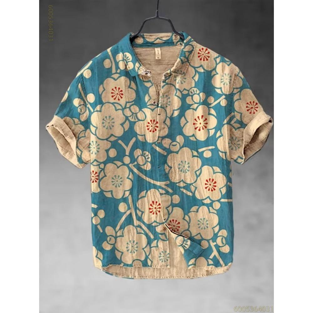 2026 New Men's Striped Sun God Totem Print Hawaiian Collar Short-Sleeve Shirt, Casual, Loose, Comfortable, and Versatile Top