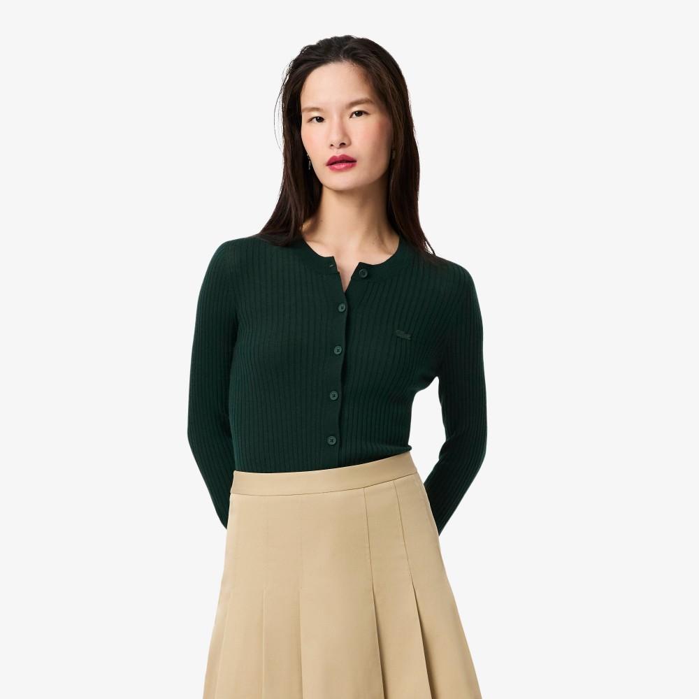 [Lacoste] Women s Ribbed Merino Wool Crew Neck Cardigan AF4141-55NYZP 34