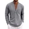 Loose-fit, breathable men’s casual linen shirt with a wide V-neck and a stand-up collar, ideal for outdoor wear