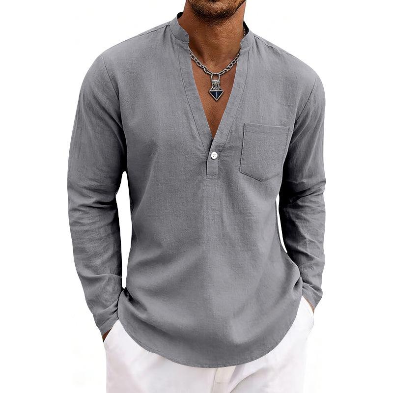 Loose-fit, breathable men’s casual linen shirt with a wide V-neck and a stand-up collar, ideal for outdoor wear