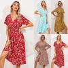 Elegant Printed Casual Beach Midi Dresses Women Summer V-neck Short Sleeve Empire Waist A-Line Dress Sundress Vestido Robes 9966
