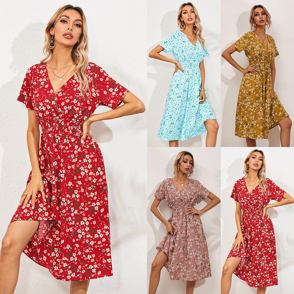 Elegant Printed Casual Beach Midi Dresses Women Summer V-neck Short Sleeve Empire Waist A-Line Dress Sundress Vestido Robes 9966