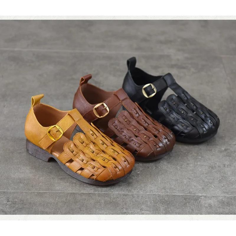 Johnature Genuine Leather Round Toe Soft Soled Sandals Hollow Out Breathable Low Heel Women's Shoes