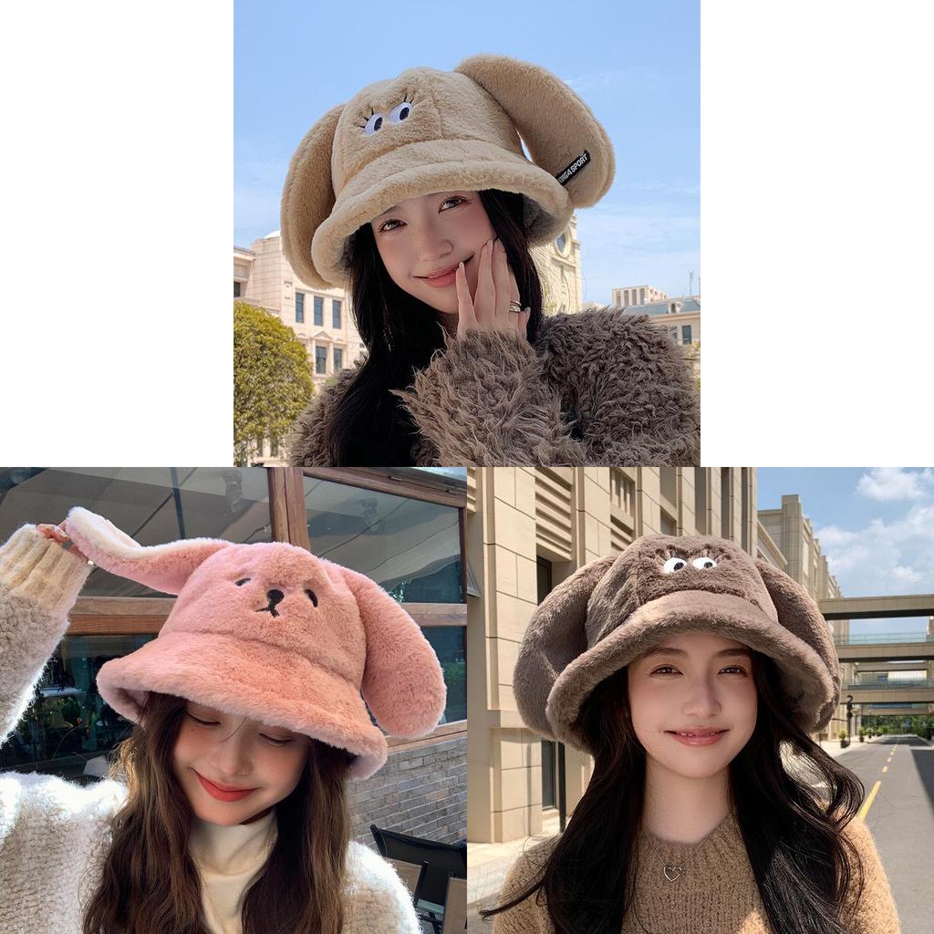 Korean Style Plush Rabbit Ears Bucket Hat With Warm Windproof Function For Outdoor Winter Wear