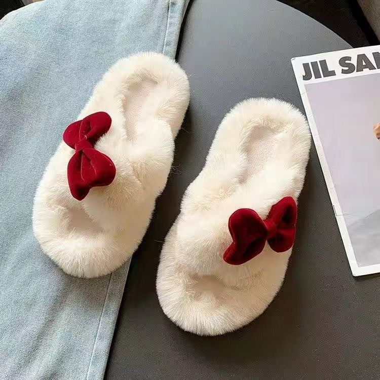 Fairy Wind Bow Hair Slippers Female Wear Superior Sense 2025 New Autumn and Winter Student Dormitory Office Cotton Flops
