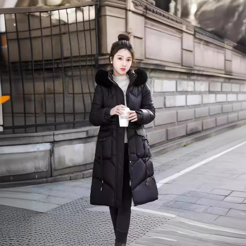 Winter new Korean version long knee down cotton-padded jacket for women with large fur collar slim and thickened cotton-padded jacket for women
