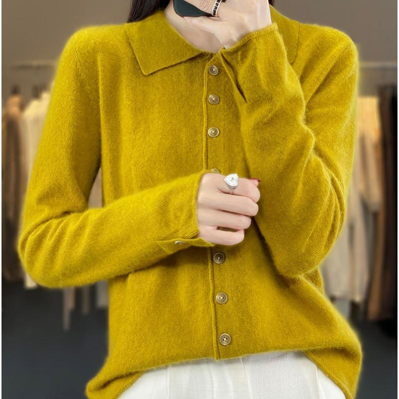 

Кардиган из вязаной шерсти с воротником поло для женщин на осень и зиму Новая мода Универсальный свитер Теплое, приятное к коже пальто Топ XXL