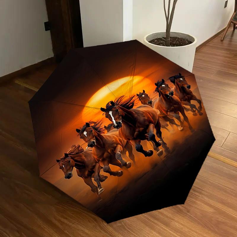 

Galloping Horses Sunset Scene Automatic Opening/Closing Umbrella - Portable Folding Design, 8-Bone Iron Frame Outdoor Umbrella, Ideal Gift f