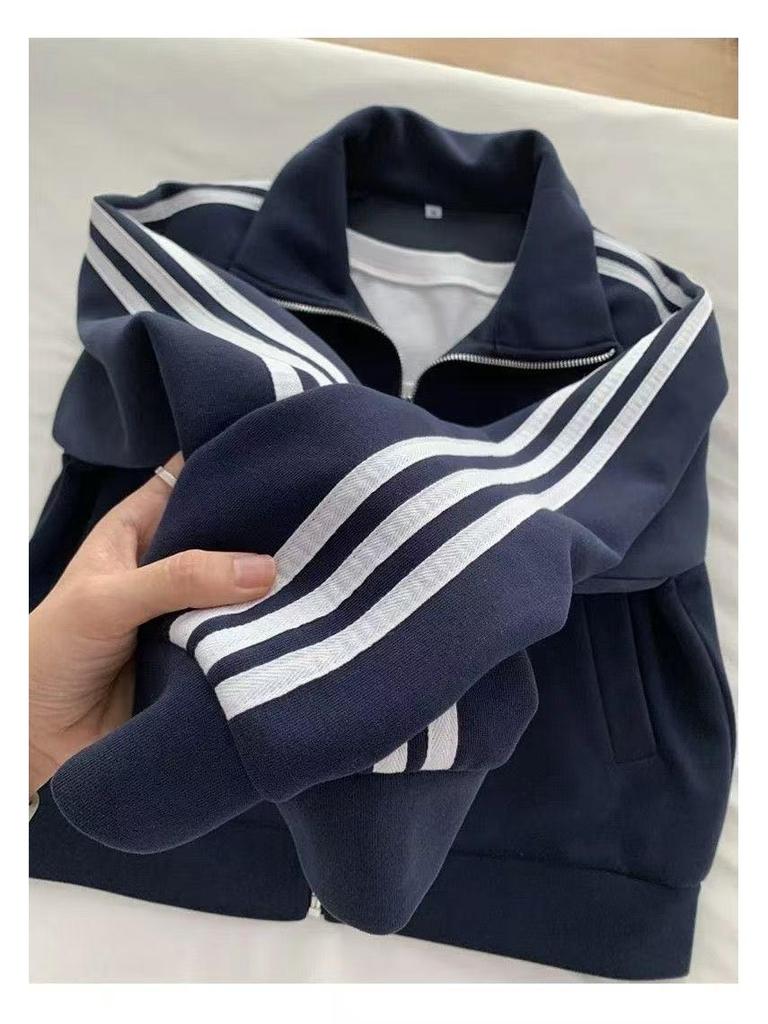 Unisex Dark Blue Three-Stripe Stand Collar Hoodie Jacket for Autumn/Spring