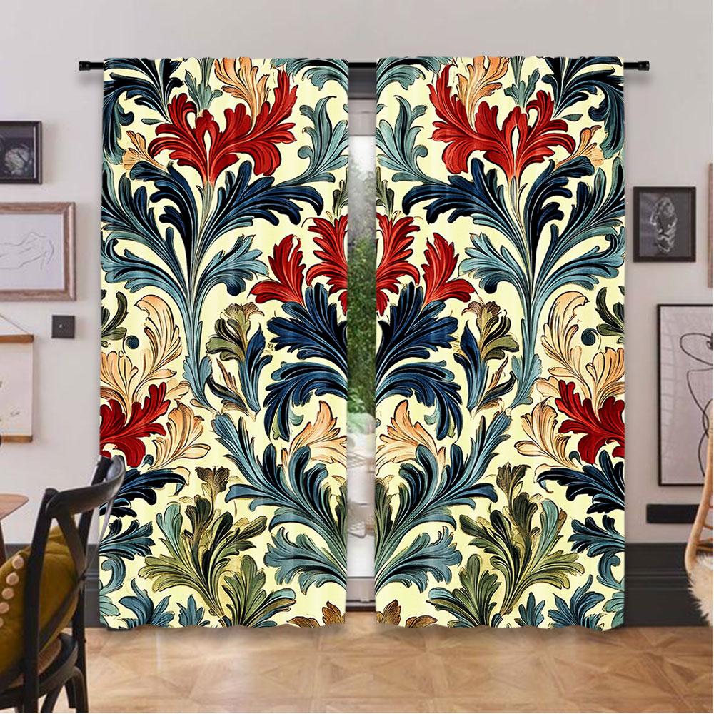 Set Of 2 Boho Style Red Flower Retro Curtain Original Design Abstract Shading Suitable Kitchen Bedroom Living Polyester Ideal For