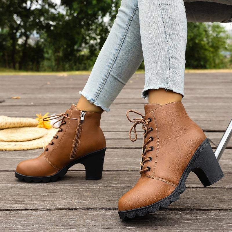 Women's Wide Width Chunky Heel Boots, Lace Up Ankle Booties Martin Style, European Thick Sole Winter Shoes for Women