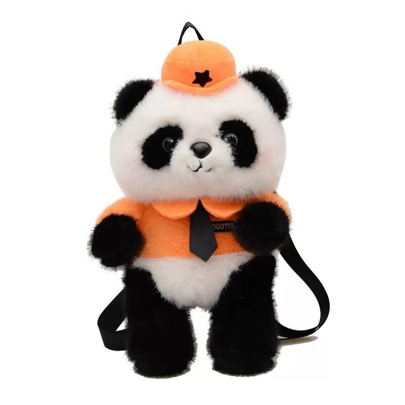 Police Panda Plush Backpack With Cartoon Pattern Adjustable Shoulder Bag Straps