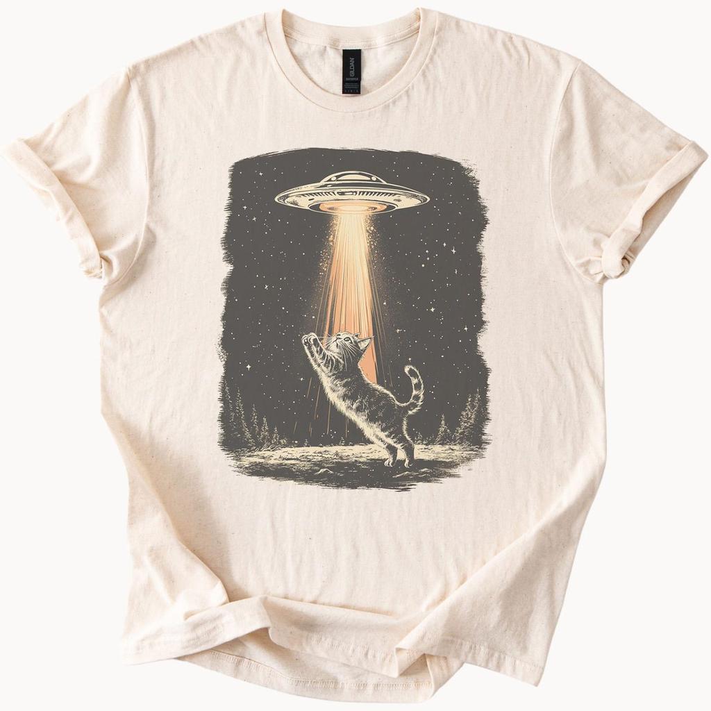 Cat Abduction UFO T-Shirt Funny Alien Space Graphic Tee Starry Night Shirt