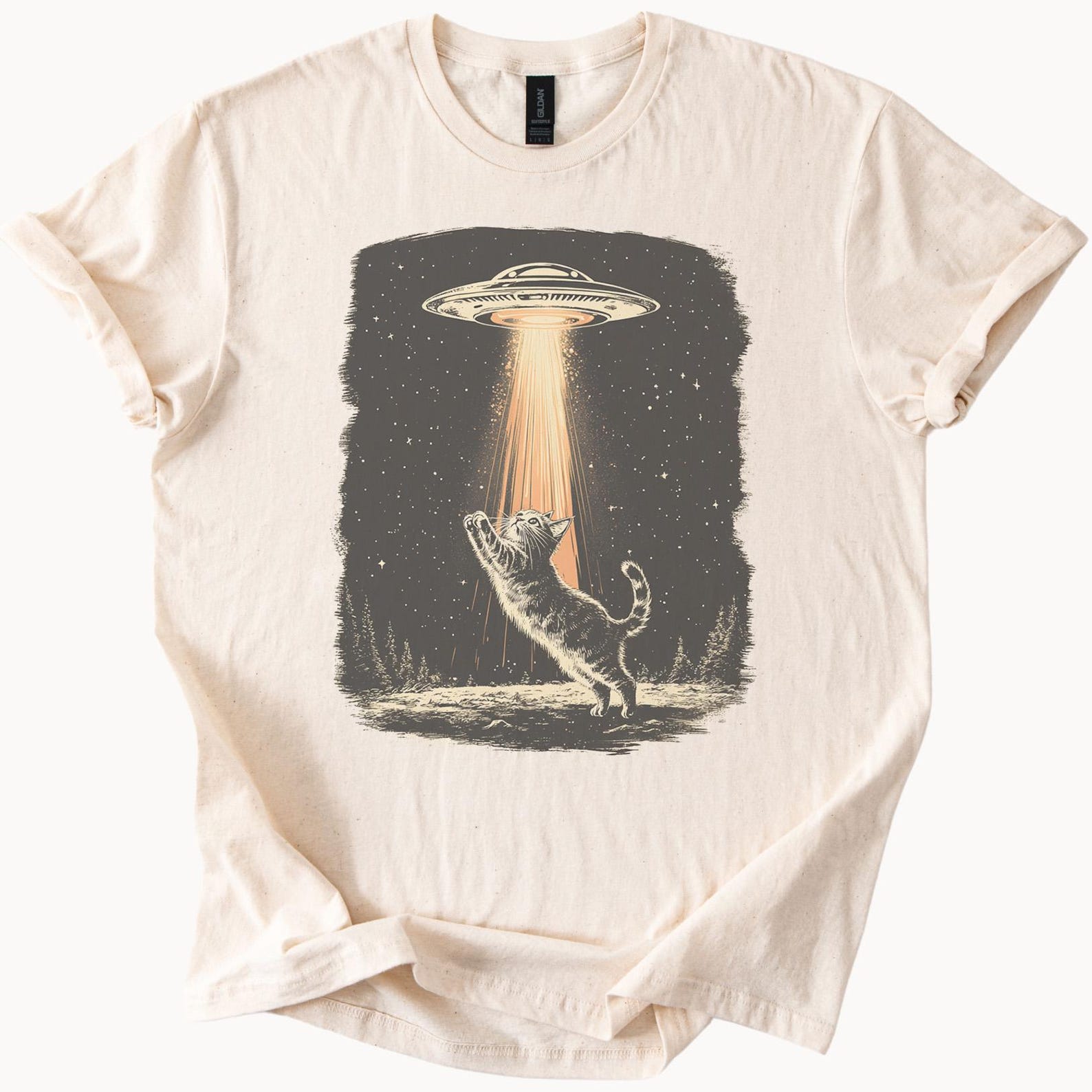 Cat Abduction UFO T-Shirt Funny Alien Space Graphic Tee Starry Night Shirt 100